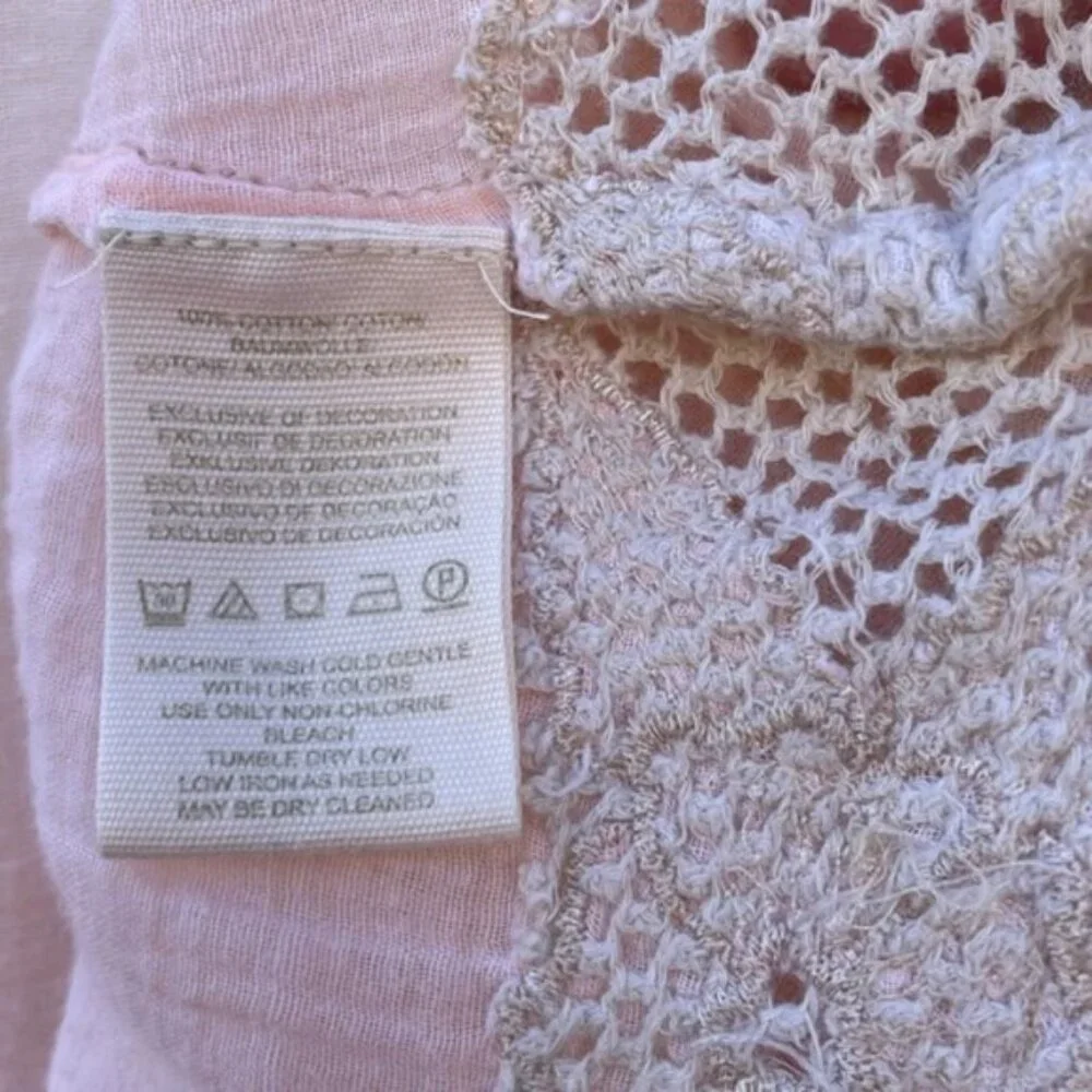 Free People Women's Peach Ombre Boho Crochet Lace Hippie Peasant Top Size M